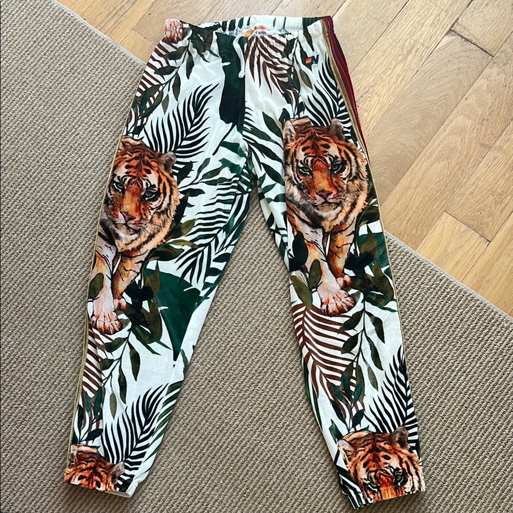 Aviator nation size medium jungle tiger velour sweatpants joggers rainbow stripe